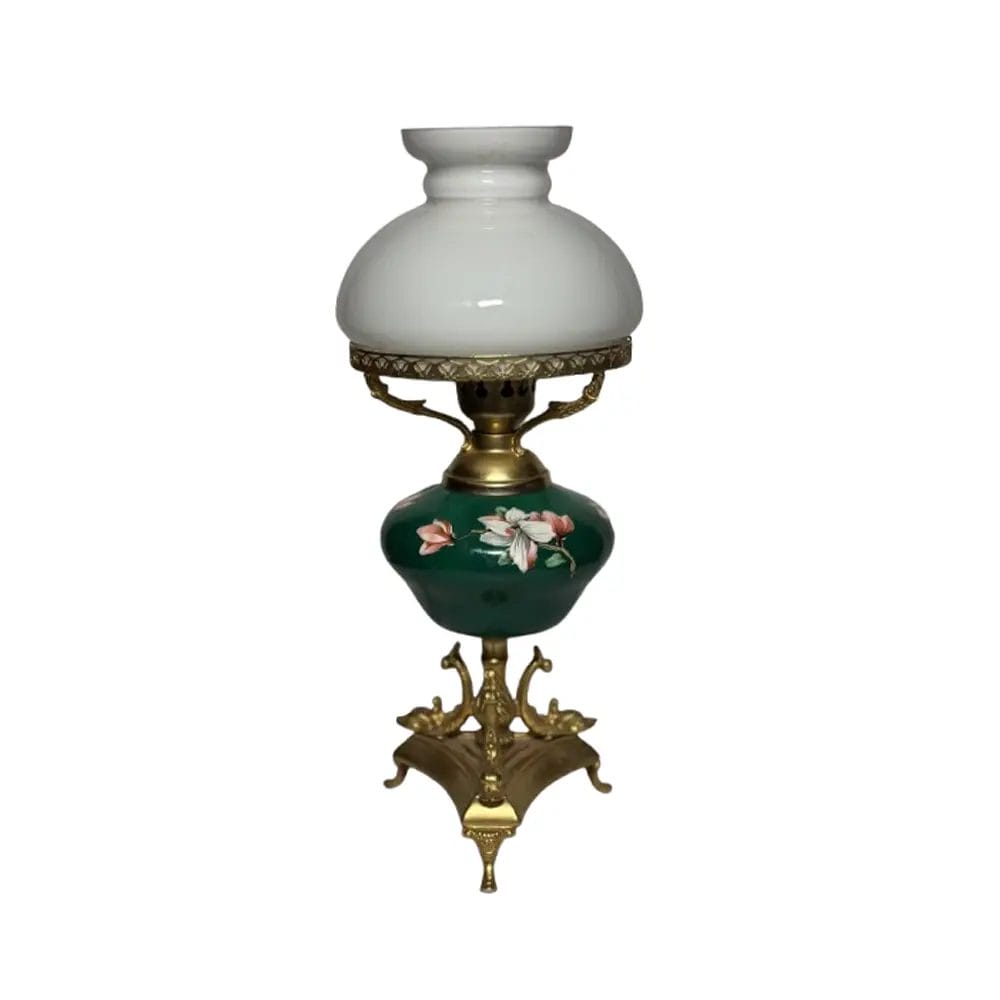 Victorian Floral Brass & Opaline Hurricane Lamp