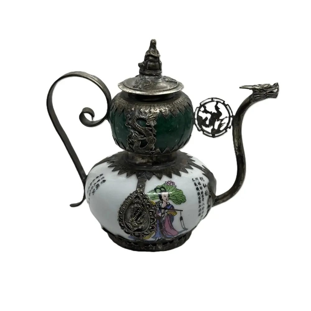 Chinese Pure Silver & Jade Dragon Teapot